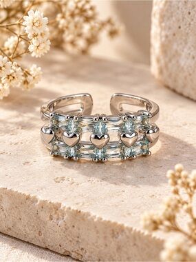 Silver Tone Aqua Crystal Heart Open Adjustable Statement Ring
